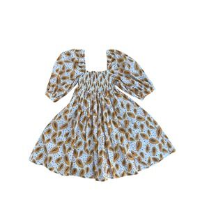 Pitusa Papaya Print Smocked Puff Sleeve Peruvian Cotton Dress NWT